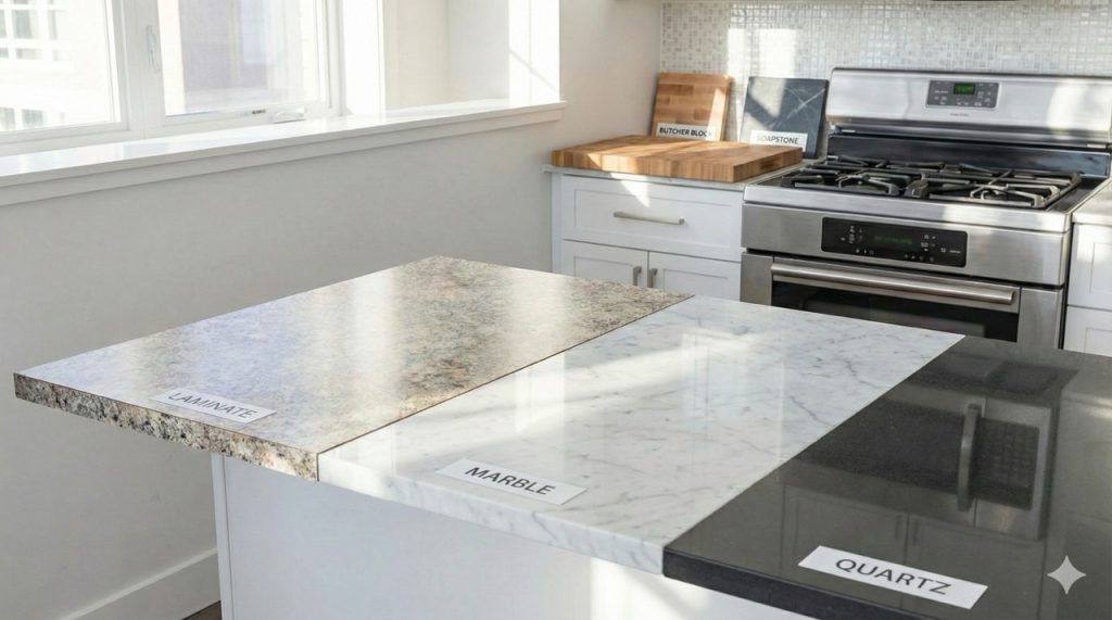 a photo of laminate, marble and quartz next to eachother